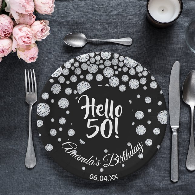 Plato De Papel 50.º nombre de diamantes blancos negros (Subido por el creador)