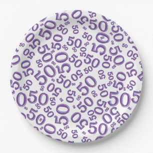 Plato De Papel 50.º patrón de número de cumpleaños morado/blanco