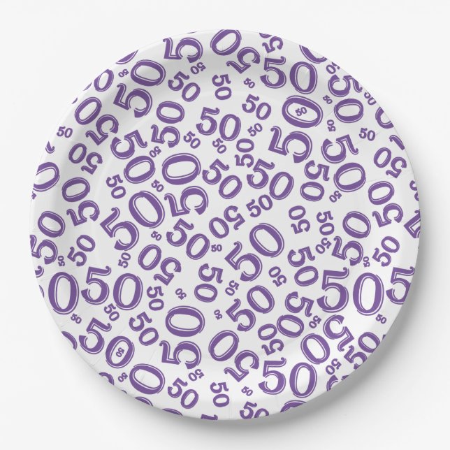 Plato De Papel 50.º patrón de número de cumpleaños morado/blanco (Anverso)
