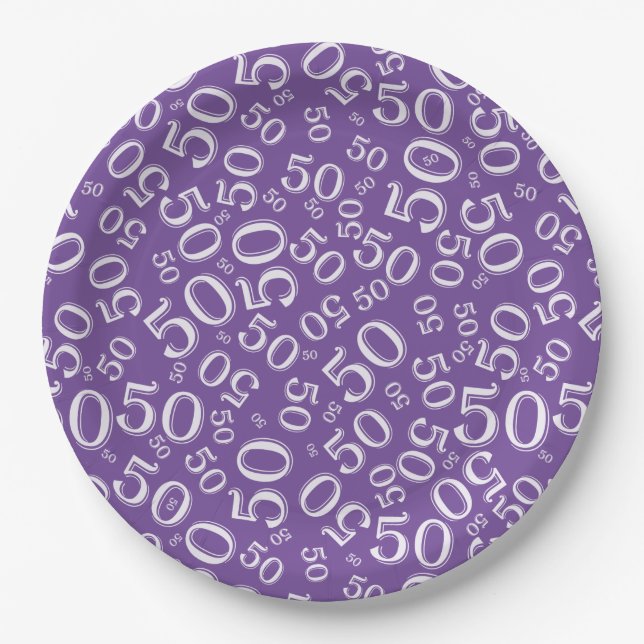 Plato De Papel 50.º patrón de número de cumpleaños morado/blanco (Anverso)