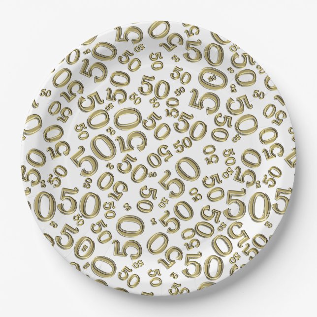 Plato De Papel 50.º patrón de número de cumpleaños oro/blanco (Anverso)