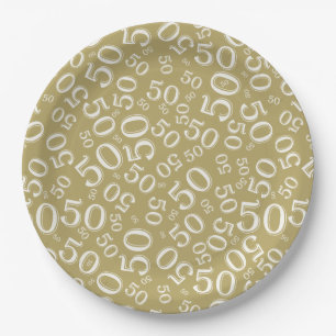 Plato De Papel 50.º patrón de número de cumpleaños oro/blanco