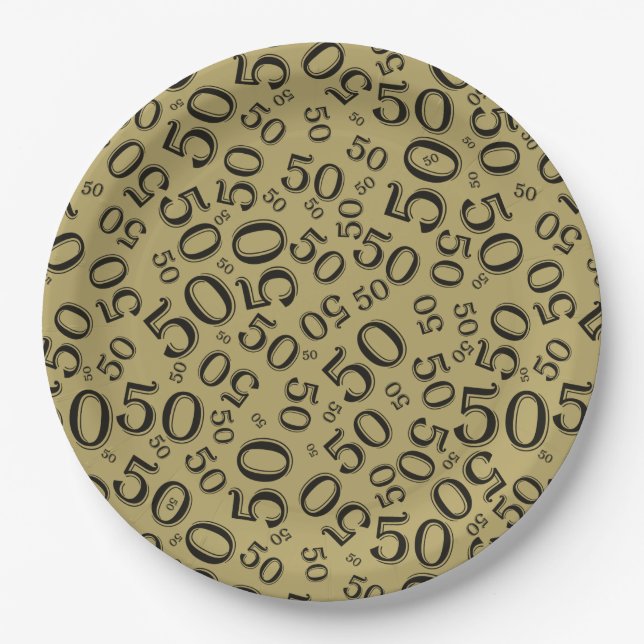 Plato De Papel 50.º patrón de número de cumpleaños oro/negro (Anverso)