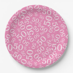 Plato De Papel 50.º patrón de número de cumpleaños rosa/blanco