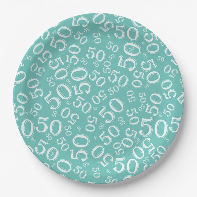 Plato De Papel 50.º patrón de número de cumpleaños Verde azulado/ (Anverso)