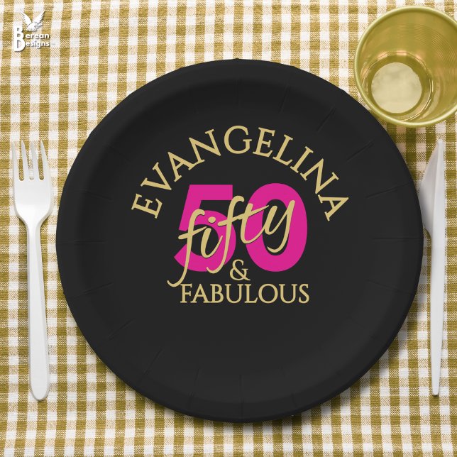 Plato De Papel 50 and Fabulous Custom Name Fiftieth Birthday (50 and Fabulous 50th birthday paper plate with custom name. Ideal for fiftieth birthday celebrations)