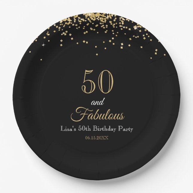 Plato De Papel 50 and Fabulous Gold Glitter and Black Birthday (Anverso)