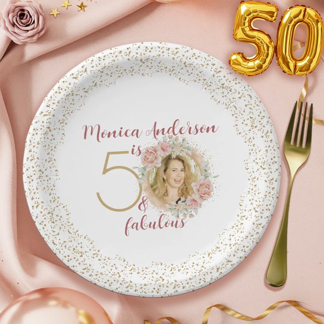 Plato De Papel 50 and Fabulous Pink Floral Gold Photo Birthday (50 and Fabulous Pink Floral Gold Photo Birthday Paper Plates)
