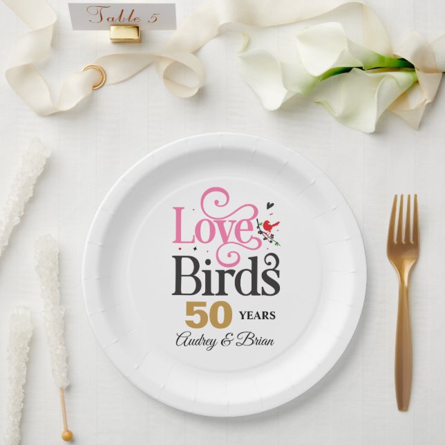 Plato De Papel 50° Aniversario Amor Aves Personalizadas (Boda)
