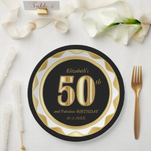 Plato De Papel 50 Aniversario/Aniversario - Negro y Oro