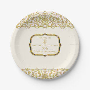 Plato De Papel 50° Aniversario Boda Crema de Oro Art Nouveau