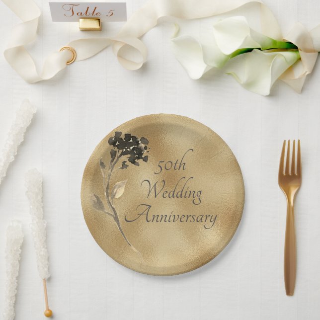 Plato De Papel 50° Aniversario Dorado Floral Elegante (Boda)