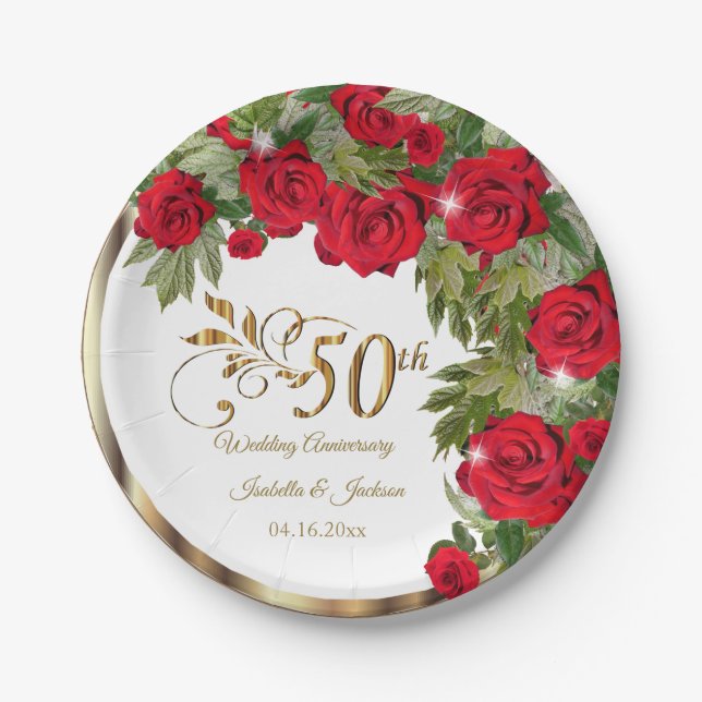 Plato De Papel 50° Aniversario - Flores de Rosas Rojas (Anverso)
