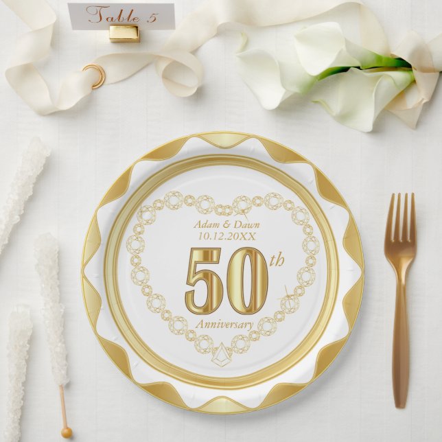 Plato De Papel 50° Aniversario - Oro y Blanco (Boda)