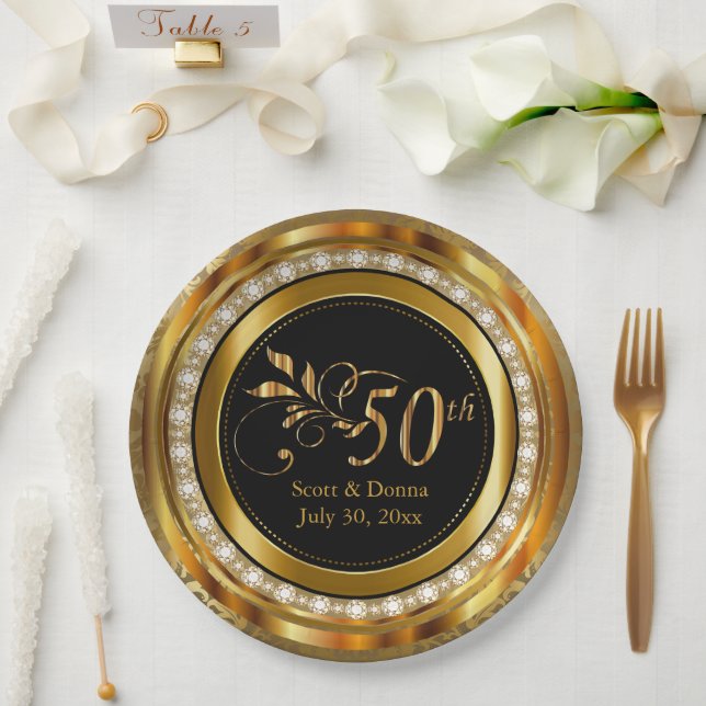 Plato De Papel 50° Aniversario - Oro y diamantes (Boda)