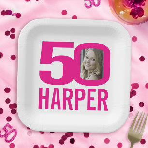 Plato De Papel 50 años color blanco rosa brillante foto de 50 per