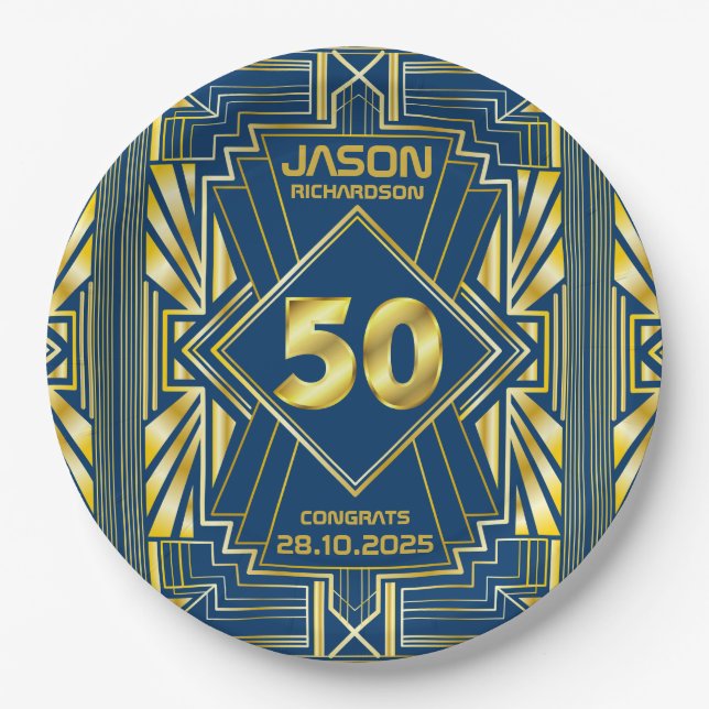 Plato De Papel 50 cumpleaños Art Deco Gold Blue Great Gatsby (Anverso)