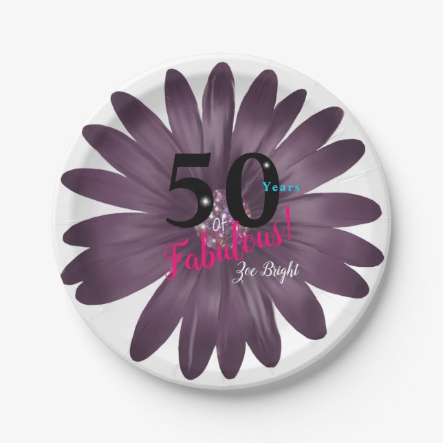 Plato De Papel 50 fabulosa margarita purpurina púrpura, versátil (Anverso)
