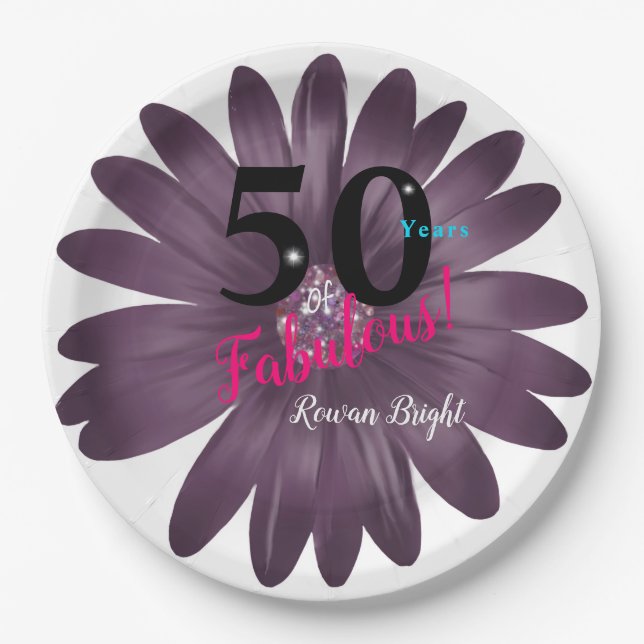 Plato De Papel 50 Fabulosa margarita purpurina púrpura, versátil (Anverso)