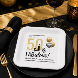 Plato De Papel 50 & Fabuloso Cumpleaños Moderno Dorado y Negro