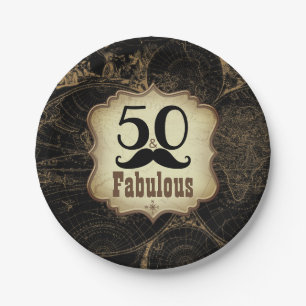 Plato De Papel 50 Fabuloso Mustache Vintage Map Fiesta de cumplea