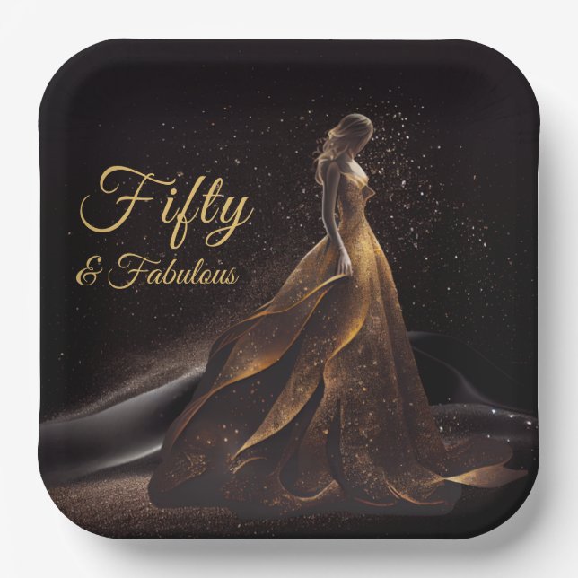 Plato De Papel 50 Fabuloso Purpurina de oro negro (Anverso)