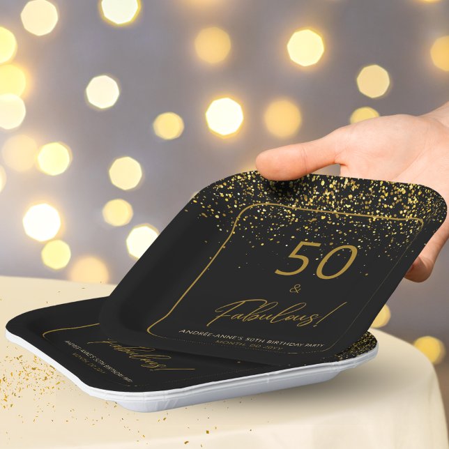 Plato De Papel 50 Fabuloso Purpurina negro de oro de cumpleaños (Subido por el creador)