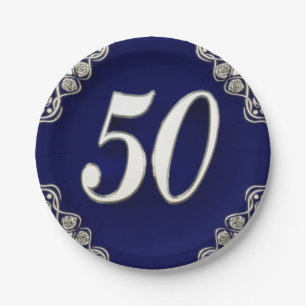 Plato De Papel 50.o Azul de plata real del cumpleaños o del