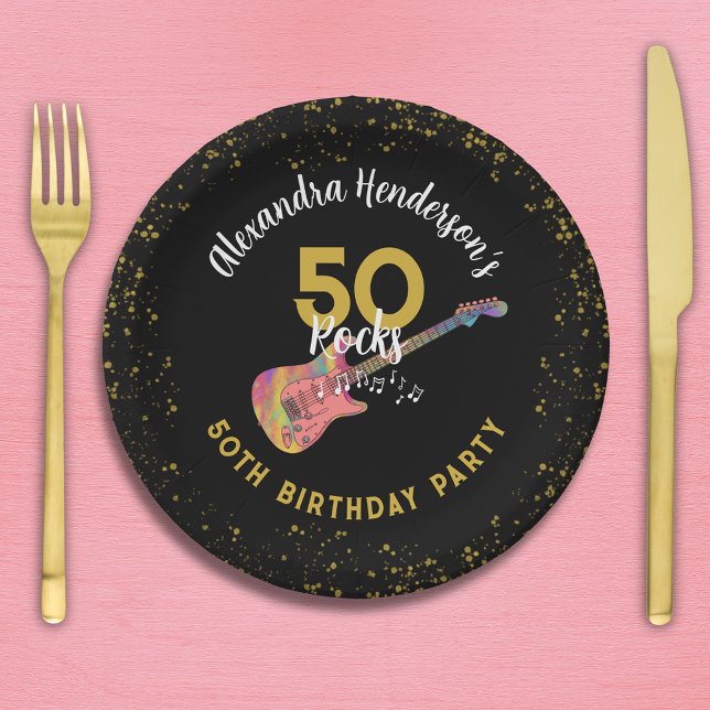Plato De Papel 50 Rocks 50 cumpleaños partido Oro negro rosado (50 Rocks 50th birthday party pink black and gold glitter personalized paper plates)