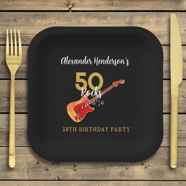 Plato De Papel 50 Rocks Guay 50 cumpleaños (50 rocks cool rock and roll 50th birthday party black and gold paper plate personalized )