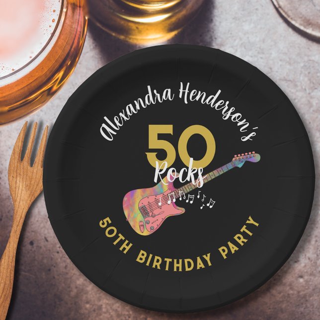 Plato De Papel 50 Rocks Guitarra Rosa 50 cumpleaños (50 rocks cool pink electric guitar black and gold custom 50th birthday paper plate)