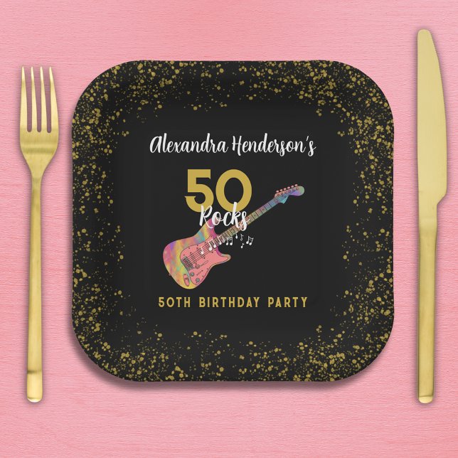 Plato De Papel 50 Rocks Oro Rosa Negro 50 cumpleaños (50 Rocks pink black gold glitter rock and roll 50th birthday party personalized square paper plate)