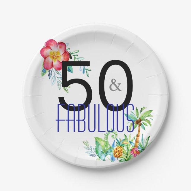 Plato De Papel 50 y 50.a fiesta de cumpleaños tropical fabulosa (Anverso)