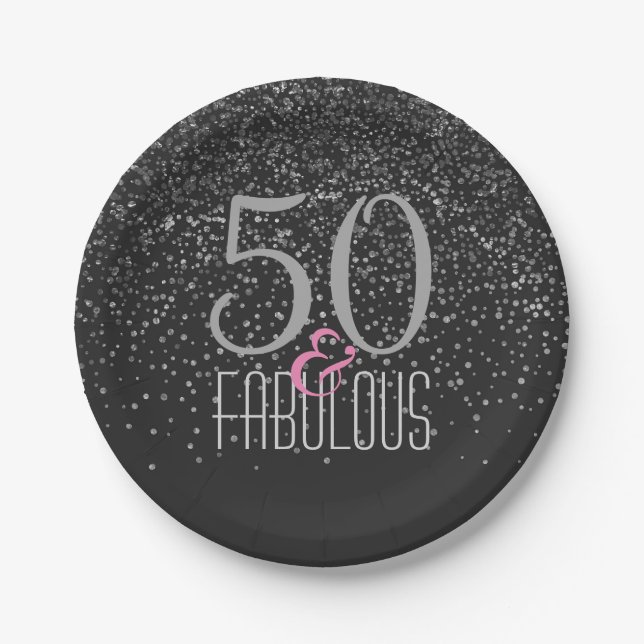 Plato De Papel 50 y cumpleaños elegante negro fabuloso de la (Anverso)