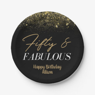 Plato De Papel 50 y Fablous Birthday Black/ Gold Confetti