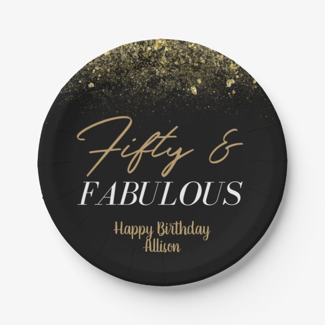 Plato De Papel 50 y Fablous Birthday Black/ Gold Confetti (Anverso)
