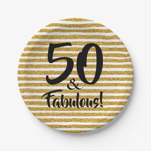 Plato De Papel 50 y fabulosas placas de tarta de Purpurina de oro (Anverso)