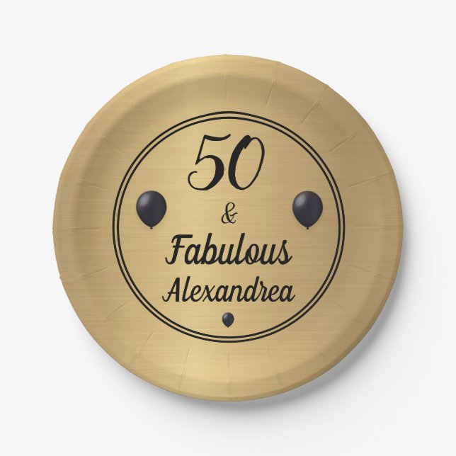 Plato De Papel 50 y fabuloso 50 cumpleaños Gold Black (Anverso)
