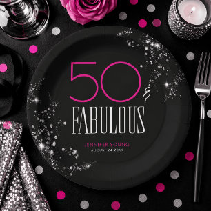 Plato De Papel 50 y fabuloso Cumpleaños Negro Rosa Glam Brillante