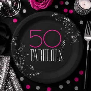 Plato De Papel 50 y fabuloso Cumpleaños Negro Rosa Glam Brillante