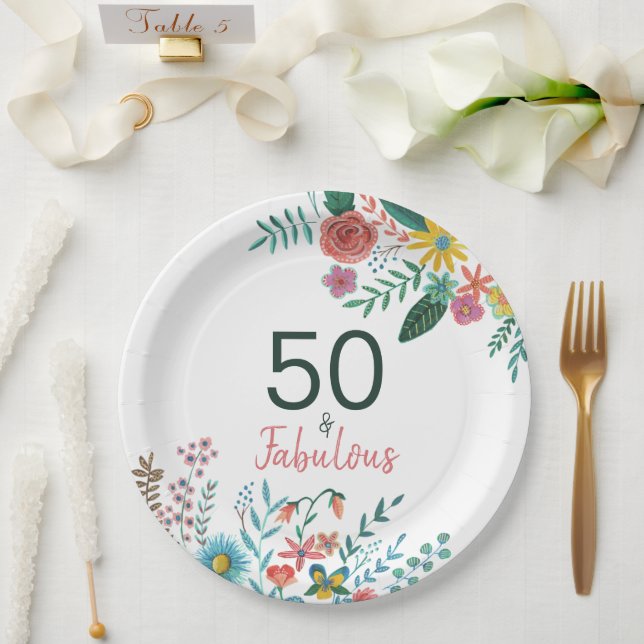 Plato De Papel 50 y fabuloso elegante floral acuarela (Boda)