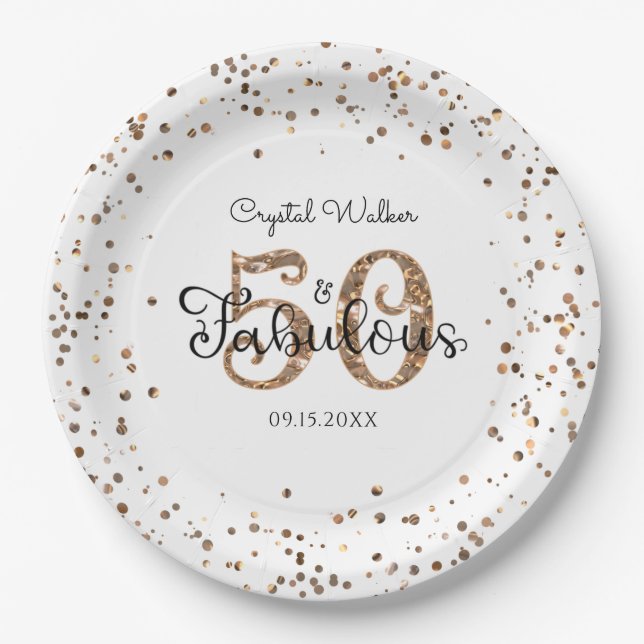 Plato De Papel 50 Y FABULOSO NACIMIENTO Elegante Copper Gold Name (Anverso)