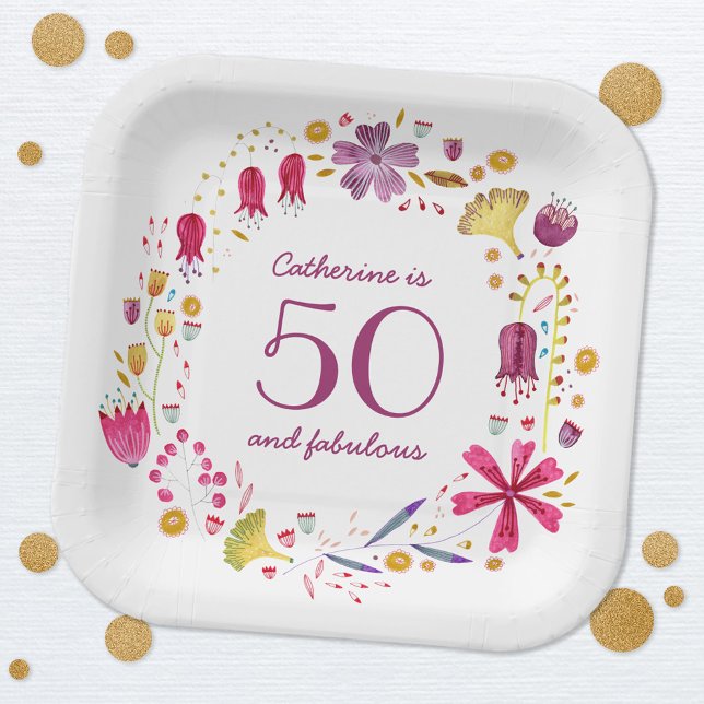 Plato De Papel 50 y fabuloso nombre floral acuarela cumpleaños (Fifty and Fabulous personalized watercolor wildflower modern party paper plates)