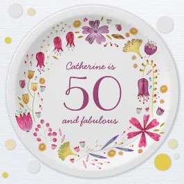 Plato De Papel 50 y fabuloso nombre floral acuarela cumpleaños