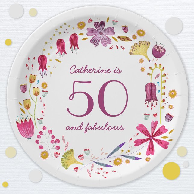 Plato De Papel 50 y fabuloso nombre floral acuarela cumpleaños (Fifty and fabulous birthday party personalized paper plate)