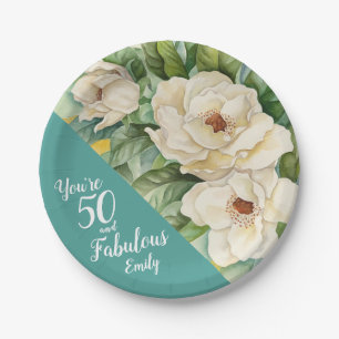 Plato De Papel 50 Y Fabuloso Nombre Floral Verde azulado de 50 Añ