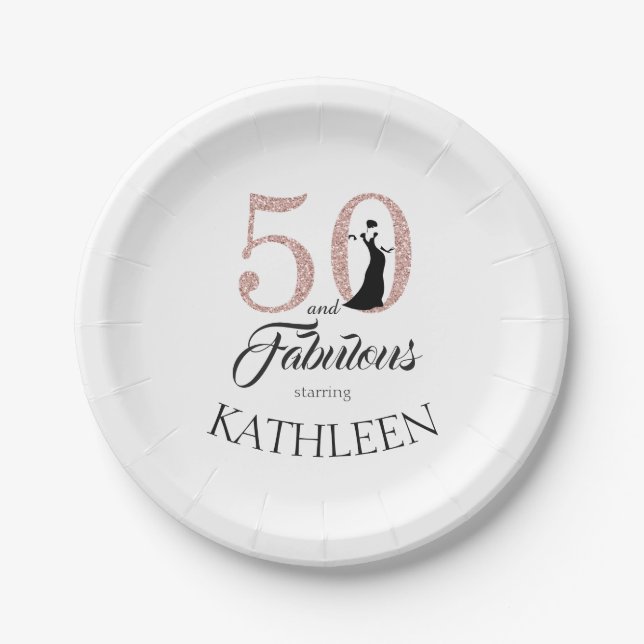 Plato De Papel 50 y fabuloso nombre personalizado Purpurina rosa (Anverso)