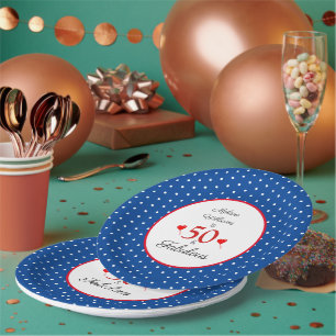 Plato De Papel 50 y fabuloso nombre rojo 50 cumpleaños azul blanc
