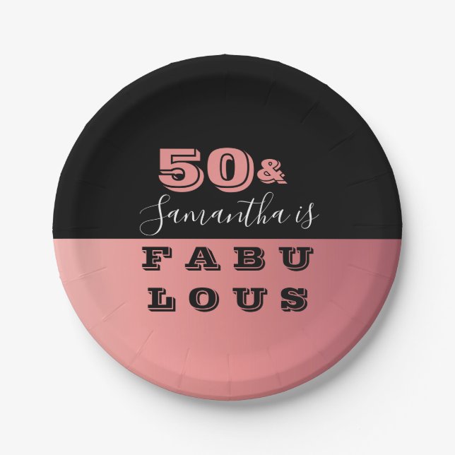 Plato De Papel 50 y fabuloso Rosa Gold 50 cumpleaños (Anverso)