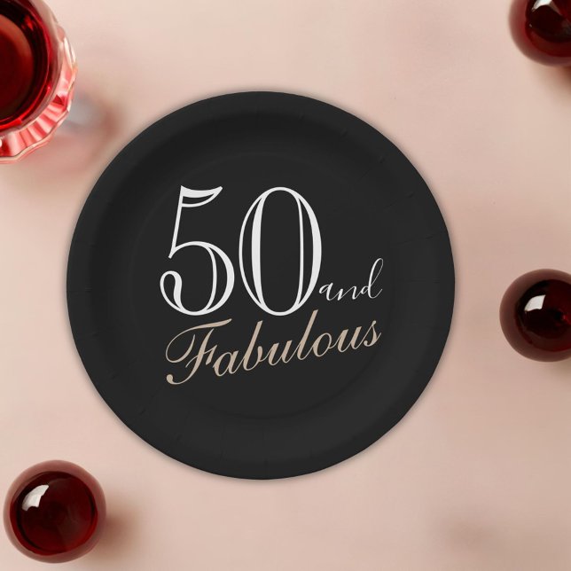 Plato De Papel 50 y Fabulous Elegant Script Black 50 cumpleaños (Subido por el creador)